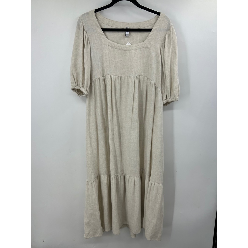 Rachel Pally Linen Midi Dress Beige Square Neck Puff Sleeve Tiered Smock Sz L
